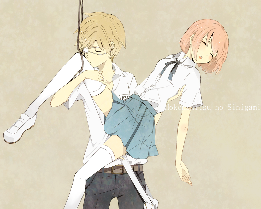 1boy, 1girl, bad_id, bad_pixiv_id, bag, blonde_hair, blush, carrying, closed_eyes, edato, eyepatch, hanamaki_miku, hetero, hokenshitsu_no_shinigami, kiss, parody, pink_hair, ribbon, sayonara_zetsubou_sensei, school_uniform, short_hair, thighhighs, white_thighhighs, yasuda_mitsuhiro