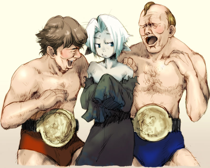 3boys, bald, belt, blonde_hair, brown_hair, dory_funk_jr, eien_no_shounen, gerald_brisco