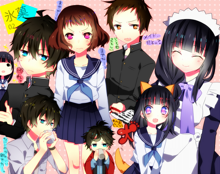 10s, 2boys, 2girls, alternate_costume, animal_ears, black_hair, brown_hair, cat_ears