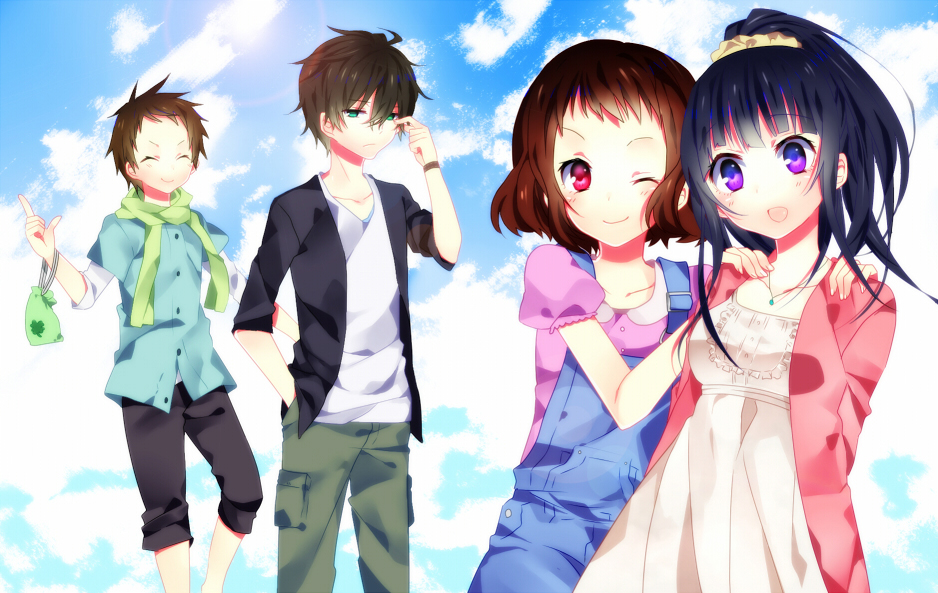 10s, 2boys, 2girls, black_hair, brown_hair, casual, chitanda_eru, closed_eyes
