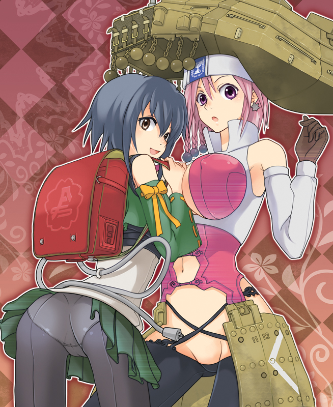 2girls, ass, backpack, bag, black_hair, braid, breasts, brown_eyes