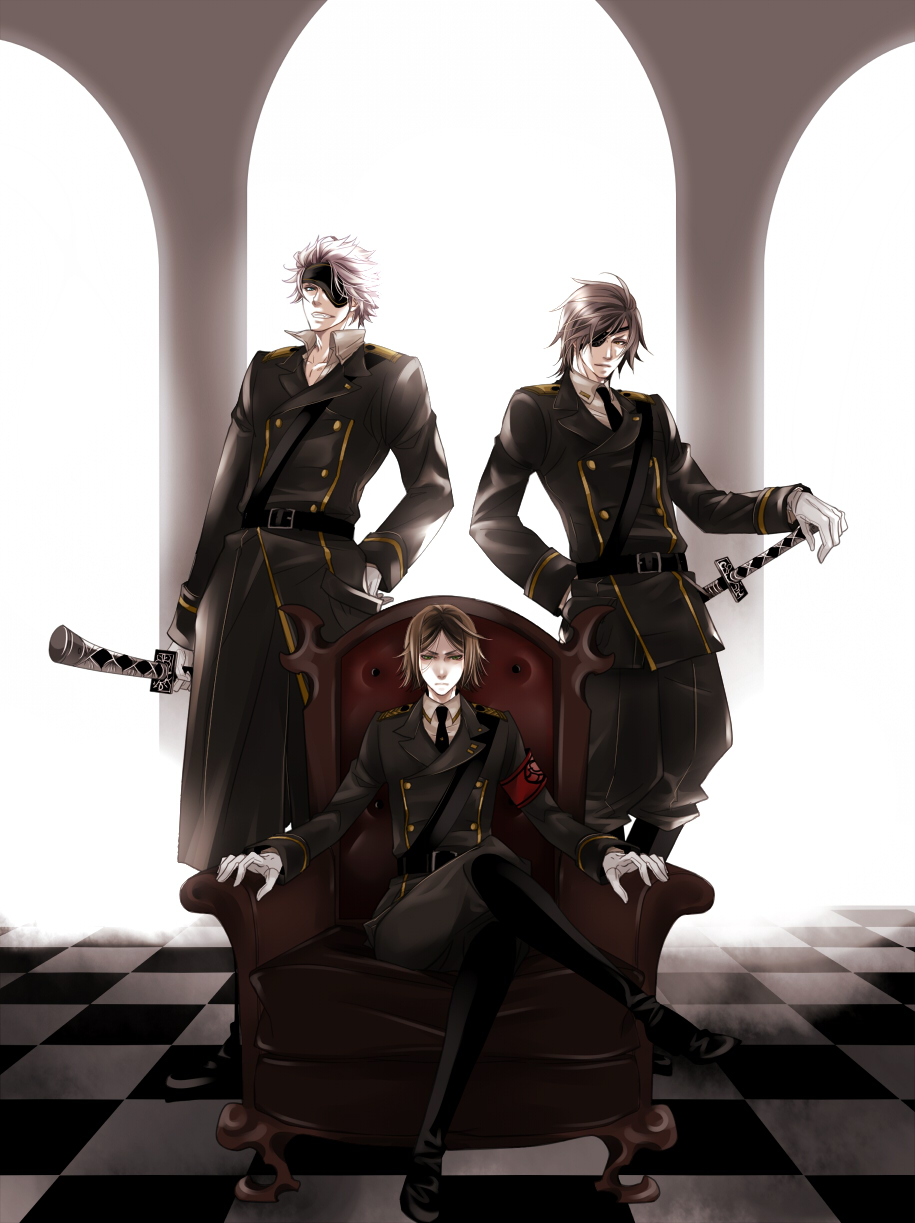 3boys, bad_id, bad_pixiv_id, belt, brown_hair, chair, chosokabe_motochika_(sengoku_basara), chousokabe_motochika_(sengoku_basara)