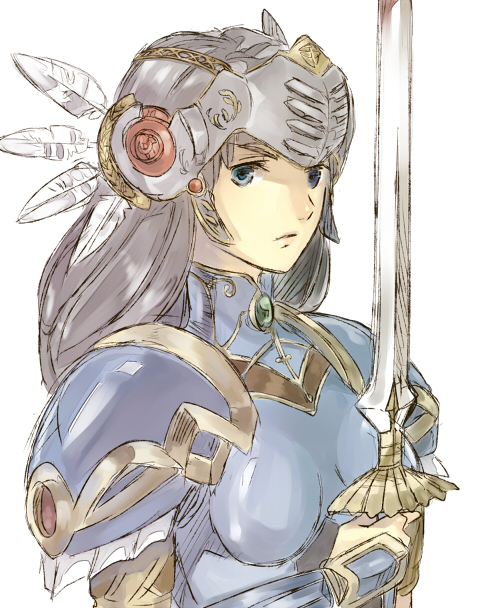 1girl, advent-lezard, armor, blue_armor, blue_eyes, breastplate, feathers, female_focus
