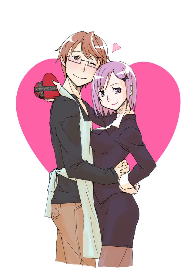 10s, 1boy, 1girl, apron, breasts, business_suit, couple, formal_clothes