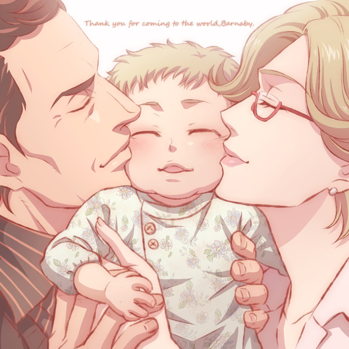10s, 1girl, 2boys, aged_down, baby, barnaby_brooks_jr., barnaby_brooks_sr, blonde_hair