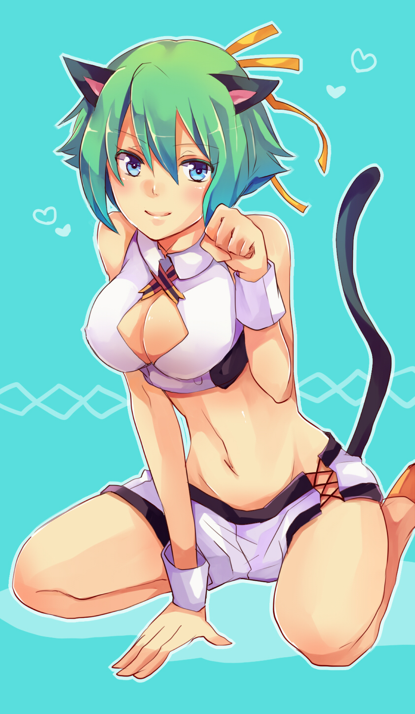 10s, 1girl, animal_ears, aquarion_(series), aquarion_evol, argyle_clothes, diamond_cutout, blue_eyes, breasts, cat_ears, cat_tail, cleavage, cleavage_cutout, clothing_cutout, female_focus, green_hair, highres, kemonomimi_mode, large_breasts, midriff, navel, shishina, short_hair, short_shorts, shorts, sitting, solo, tail, wariza, zessica_wong