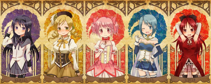 10s, 5girls, adjusting_hair, akemi_homura, akemi_homura_(magical_girl), armpits, arms_behind_head, art_nouveau, beret, black_hair, black_legwear, blonde_hair, blue_eyes, blue_flower, blue_hair, blue_rose, blush, breasts, cape, corset, detached_sleeves, dress, drill_hair, fingerless_gloves, flower, gloves, hair_ornament, hair_ribbon, hairband, hand_on_own_hip, hat, highres, hip_focus, kaname_madoka, kaname_madoka_(magical_girl), long_hair, long_image, magical_girl, mahou_shoujo_madoka_magica, mahou_shoujo_madoka_magica_(anime), medium_breasts, miki_sayaka, miki_sayaka_(magical_girl), multiple_girls, one_eye_closed, open_mouth, pantyhose, pink_eyes, pink_hair, pleated_skirt, ponytail, purple_eyes, red_eyes, red_hair, ribbon, rose, sakura_kyoko, sakura_kyoko_(magical_girl), sazanami, short_hair, short_twintails, skirt, small_breasts, smile, thighhighs, tomoe_mami, tomoe_mami_(magical_girl), twintails, wide_image, wink, yellow_eyes, yellow_flower, yellow_rose