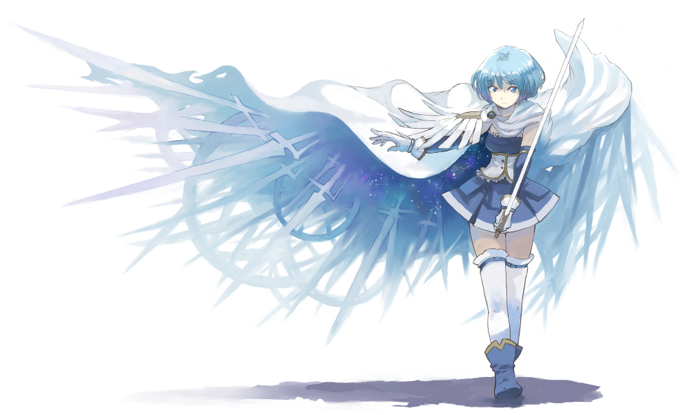 10s, 1girl, ankle_boots, arm_up, blue_eyes, blue_hair, boots, cape
