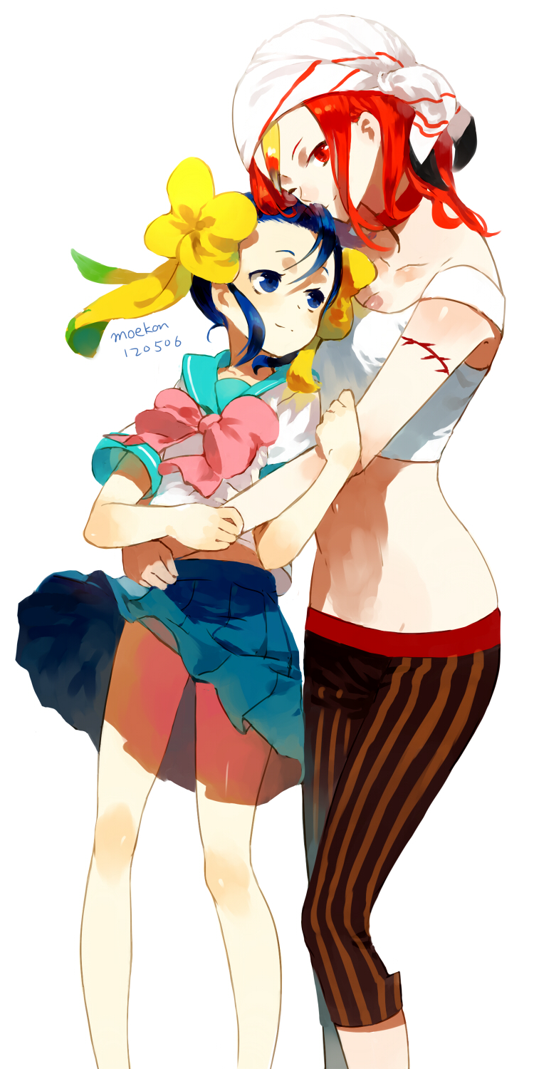 2girls, aikawa_jun, bad_id, bad_pixiv_id, blue_hair, blush, bow, clothes_lift