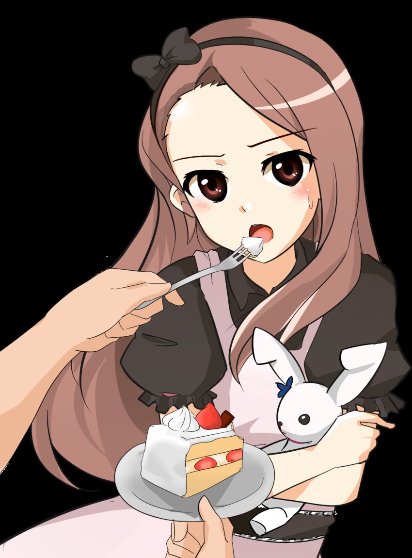 1girl, bad_id, bad_pixiv_id, bow, brown_eyes, brown_hair, cake, crossed_arms