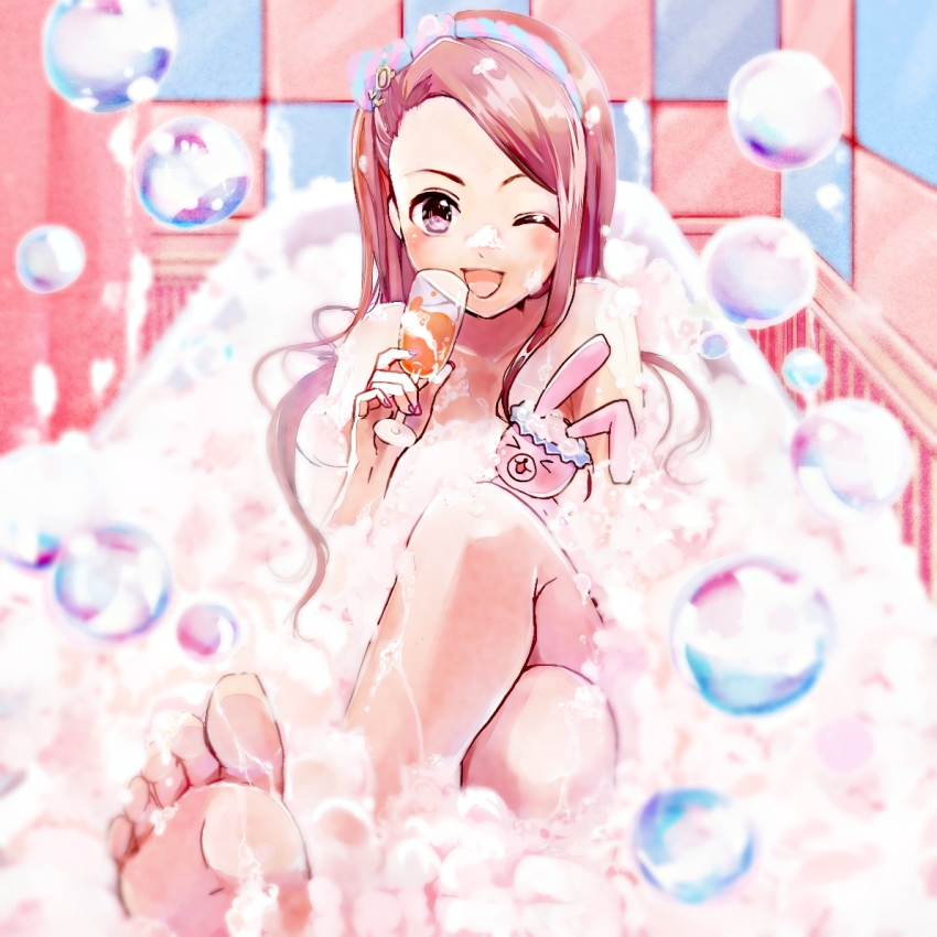 1girl, ;d, artistic_error, bad_id, bad_pixiv_id, barefoot, bath, brown_hair, bubble, crossed_legs, cup, drink, drinking_glass, feet, female_focus, hairband, idolmaster, idolmaster_(classic), long_hair, minase_iori, nude, one_eye_closed, open_mouth, paruru_(loooooper), pink_eyes, sitting, smile, solo, stuffed_animal, stuffed_rabbit, stuffed_toy, toes, wine_glass, wink