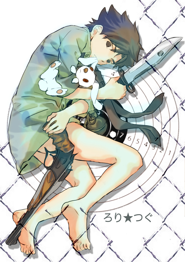 1boy, aged_down, barefoot, black_eyes, black_hair, bullseye, child, emiya_kiritsugu