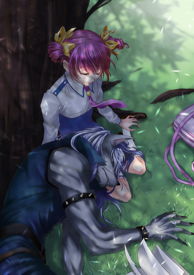 10s, 1boy, 1girl, bag, bow, canal001, closed_eyes, fingernails