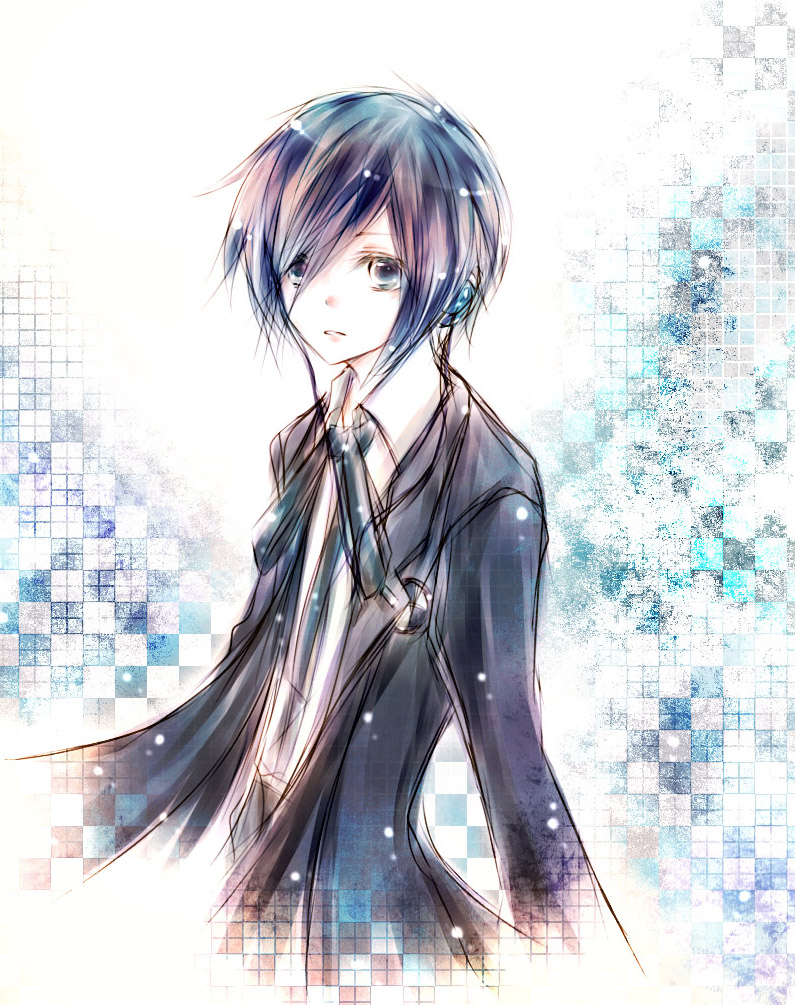1boy, atlus, blue_eyes, blue_hair, bow, headphones, male_focus, matching_hair/eyes, persona, persona_3, ribbon, short_hair, solo, toki_haruto, yuuki_makoto_(persona_3)