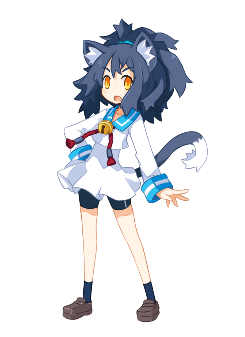 1girl, animal_ears, bell, bike_shorts, black_hair, cat_ears, cat_girl, cat_tail, disgaea, fang, female_focus, makai_senki_disgaea_3, open_mouth, ruchiru_(disgaea), sai_(bankoru), school_uniform, solo, tail, white_background, yellow_eyes