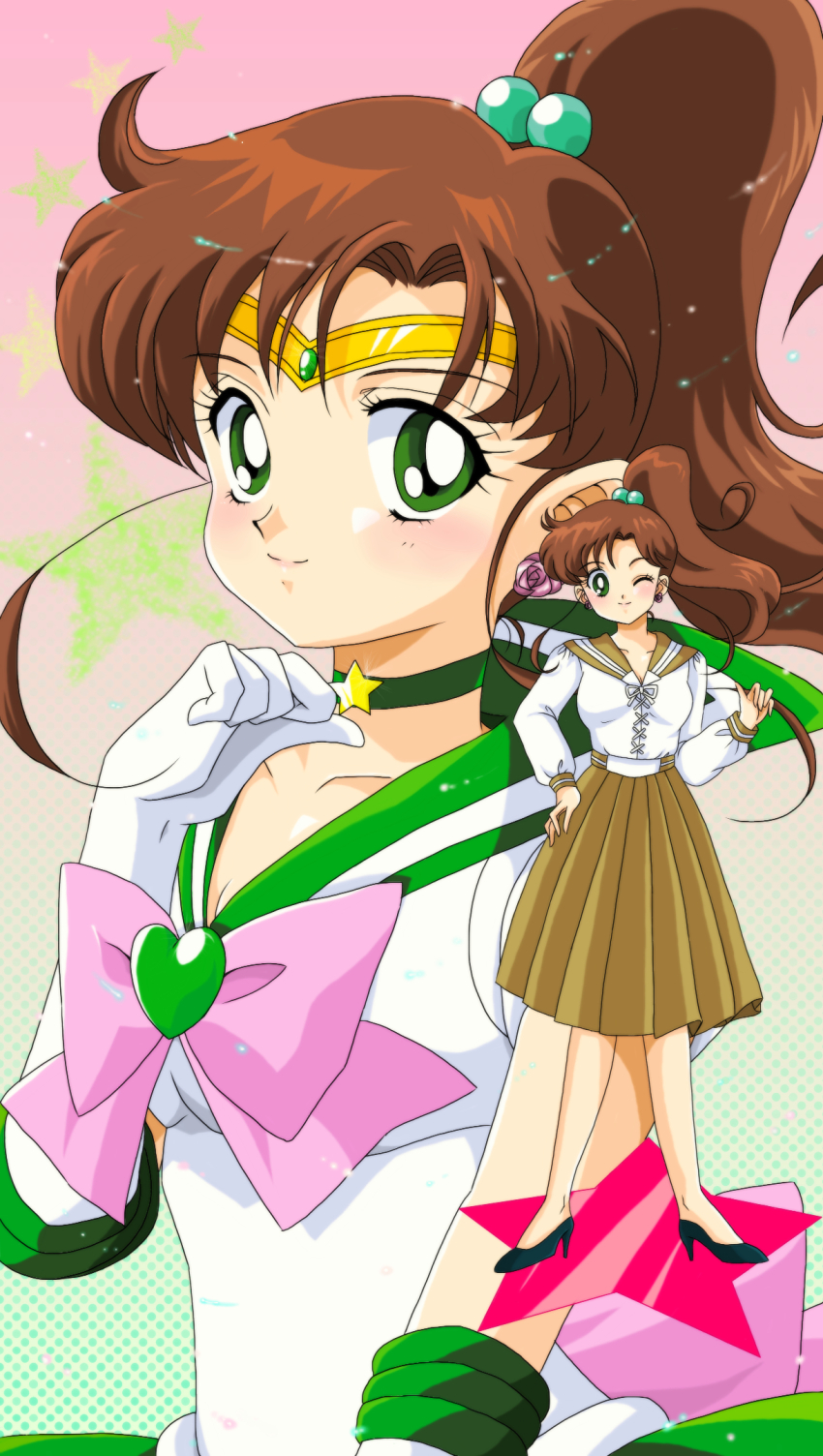 1990s_(style), 1girl, bishoujo_senshi_sailor_moon, blush, bow, brooch, brown_hair, choker