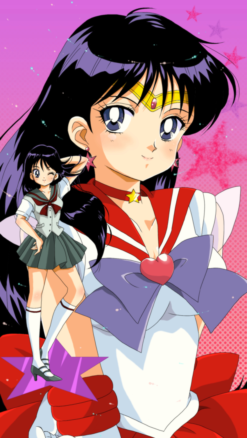 1990s_(style), 1girl, arm_behind_head, arm_up, bishoujo_senshi_sailor_moon, black_hair, blue_eyes, blush