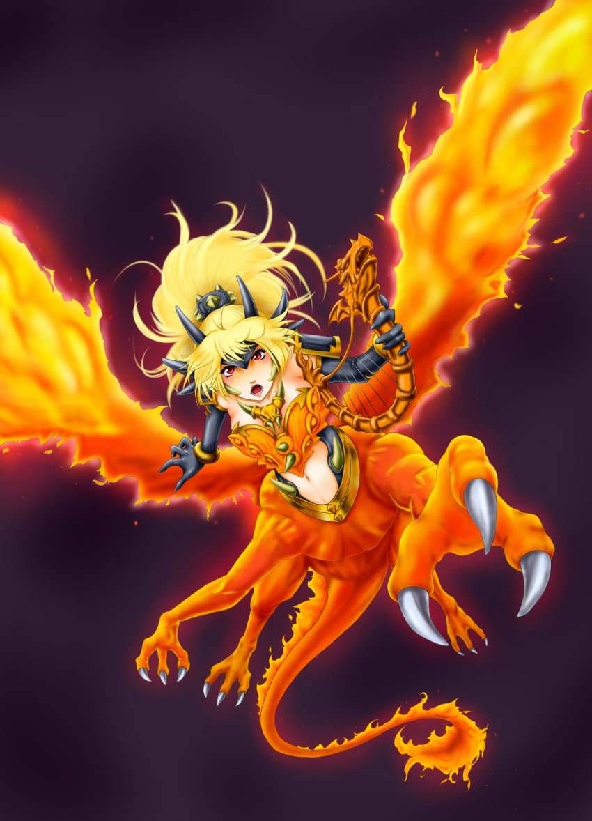 1girl, armlet, bare_shoulders, black_gloves, blonde_hair, breasts, centauroid, claws, cleavage, dragon, dragon_devil_queen_dragoon, dragon_girl, duel_monster, elbow_gloves, female_focus, fire, flying, foreshortening, full_body, gloves, harp, high_ponytail, highres, holding, horns, instrument, jewelry, long_hair, long_image, looking_at_viewer, midriff, navel, open_mouth, ponytail, purple_background, queen_dragoon, queen_dragun_djinn, red_background, red_eyes, serious, simple_background, small_breasts, solo, tail, tall_image, taur, usoutsuki, wings, yu-gi-oh!, yu-gi-oh!_duel_monsters