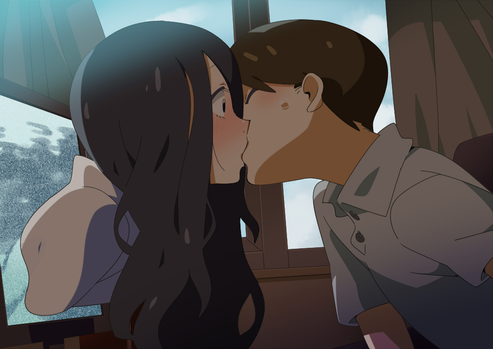 1boy, 1girl, black_hair, blush, brown_hair, good_end, hair_over_one_eye, hetero, kiss, long_hair, profile, short_hair, surprise_kiss, surprised, sweatdrop, television, the_ring, through_medium, through_screen, tsurukame_(doku), wide-eyed, yamamura_sadako