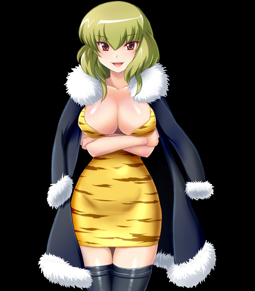 1girl, animal_print, breasts, brown_eyes, cleavage, crossed_arms, dha, dress, female_focus, green_hair, highres, jacket, kami_nomi_zo_shiru_sekai, kasuga_hinoki, large_breasts, open_clothes, open_jacket, open_mouth, solo, thighhighs, tiger_print, transparent_background, zettai_ryouiki