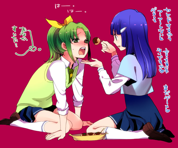 10s, 2girls, aoki_reika, blue_hair, blush, closed_eyes, feeding, food, green_eyes, green_hair, green_necktie, hair_tubes, kasaki_takao, kneeling, long_hair, midorikawa_nao, multiple_girls, necktie, open_mouth, ponytail, precure, school_uniform, short_hair, sitting, skirt, sleeves_rolled_up, smile, smile_precure!, takoyaki, translation_request