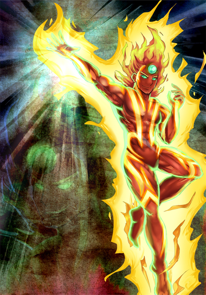 1boy, fiery_hair, fire, green_eyes, kid_icarus, male_focus, nintendo, no_humans