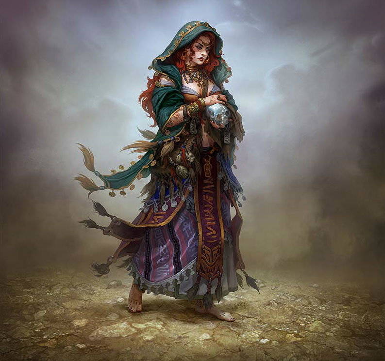 barefoot, bracelet, choker, circlet, crystal_skull, curly_hair, dress, earrings, facial_mark, feet, glaring, grafit, gypsy, jewelry, long_hair, midriff, necklace, original, red_hair, ring, skull, solo, tattoo, veil, walking, wasteland