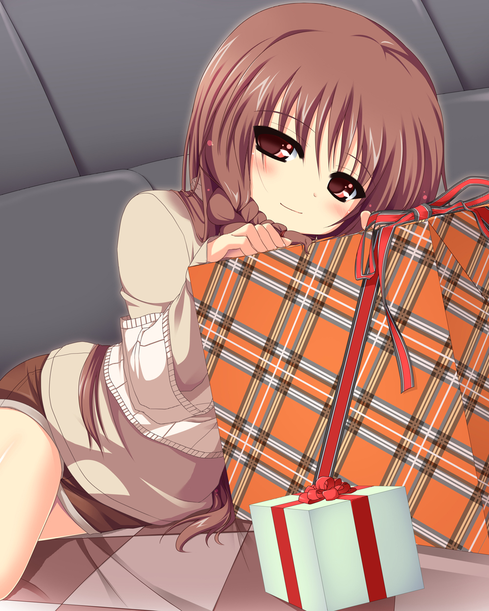 1girl, braid, brown_hair, female_focus, gift, highres, long_hair, looking_at_viewer