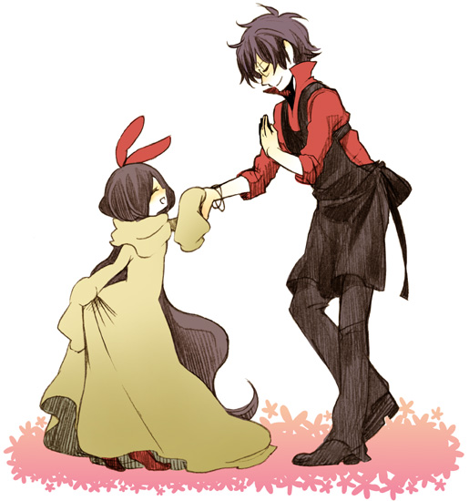 1boy, 1girl, ^_^, alphonse_michel, bemani, black_footwear, black_hair, black_pants