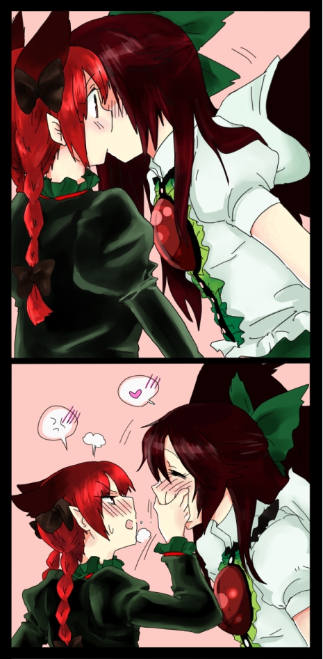 2girls, anger_vein, animal_ears, bad_id, bad_pixiv_id, black_hair, blush, bow