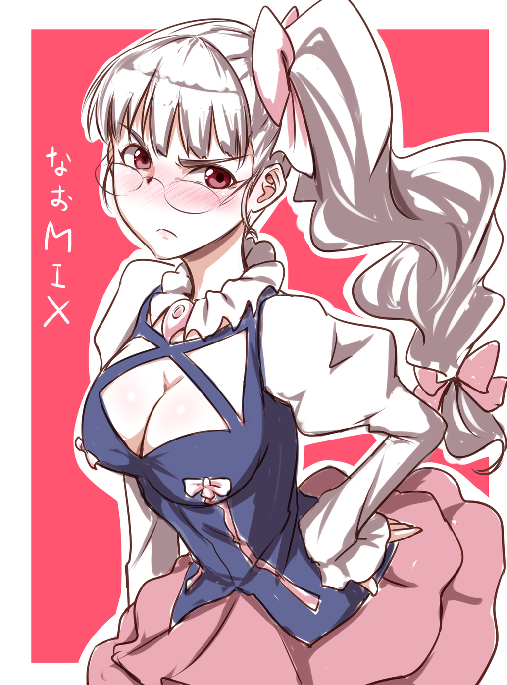 1girl, aquarion_(series), aquarion_evol, bad_id, bad_twitter_id, blush, bow, breasts, clearite, cleavage, cosplay, female_focus, frown, glasses, hair_bow, hand_on_own_hip, highres, hip_focus, idolmaster, idolmaster_(classic), long_hair, mix_(aquarion), mix_(aquarion)_(cosplay), red_eyes, shijou_takane, side_ponytail, skirt, solo, white_hair