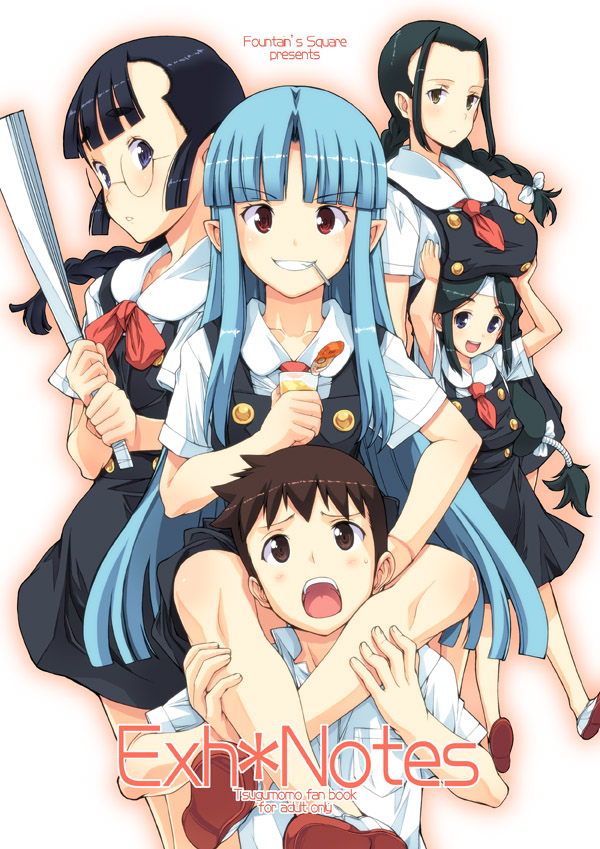 1boy, 4girls, :d, black_hair, blue_eyes, blue_hair, braid, breast_rest