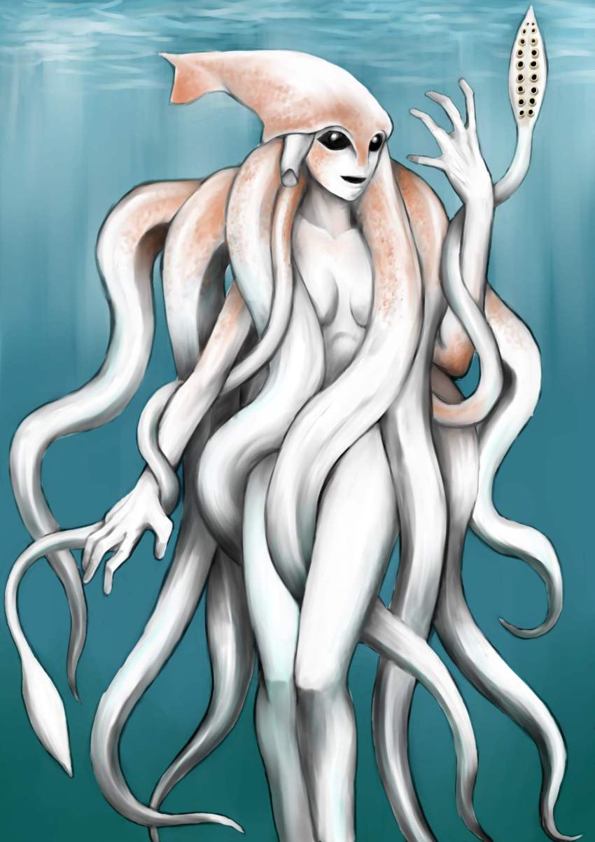 1girl, absurdres, black_eyes, censored, convenient_censoring, female_focus, highres, ikamusume, kuroi_kazuhiro, monster_girl, no_pupils, nude, pale_skin, shinryaku!_ikamusume, solid_eyes, solo, tentacle_hair, tentacles, underwater