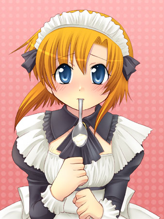 1girl, cosplay, female_focus, higurashi_no_naku_koro_ni, lowres, maid, mouth_hold, ryuuguu_rena, solo, spoon, suzunoya