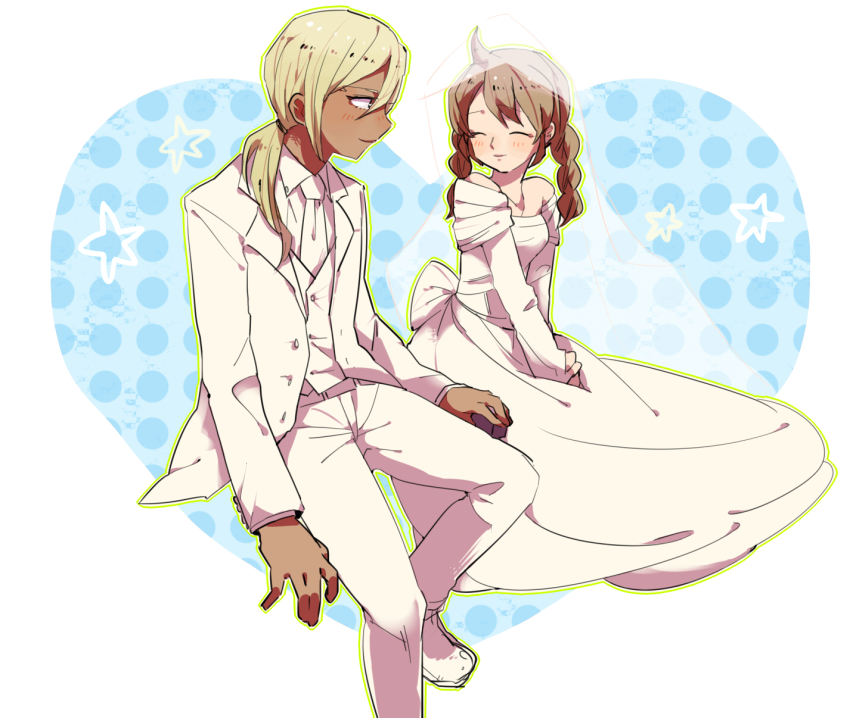 1boy, 1girl, bad_id, bad_pixiv_id, blonde_hair, braid, brother_and_sister, brown_hair, dress, formal_clothes, gamipo, gouenji_shuuya, gouenji_yuuka, highres, inazuma_eleven, inazuma_eleven_(series), inazuma_eleven_go, long_hair, necktie, ponytail, siblings, smile, suit, twin_braids, wedding_dress