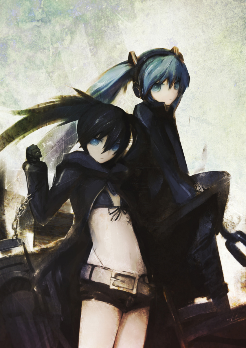 10s, 2girls, aqua_eyes, aqua_hair, belt, bikini, bikini_top_only, black_hair