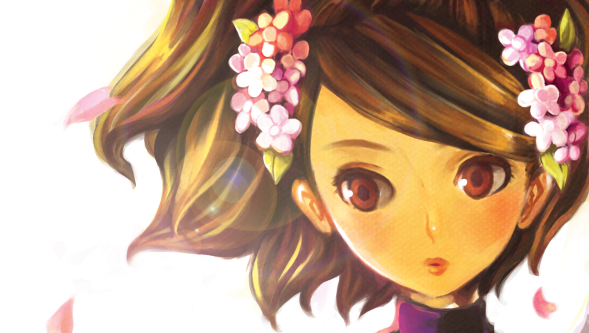 1girl, amksr417, bad_id, bad_pixiv_id, brown_eyes, female_focus, flower, hair_ornament