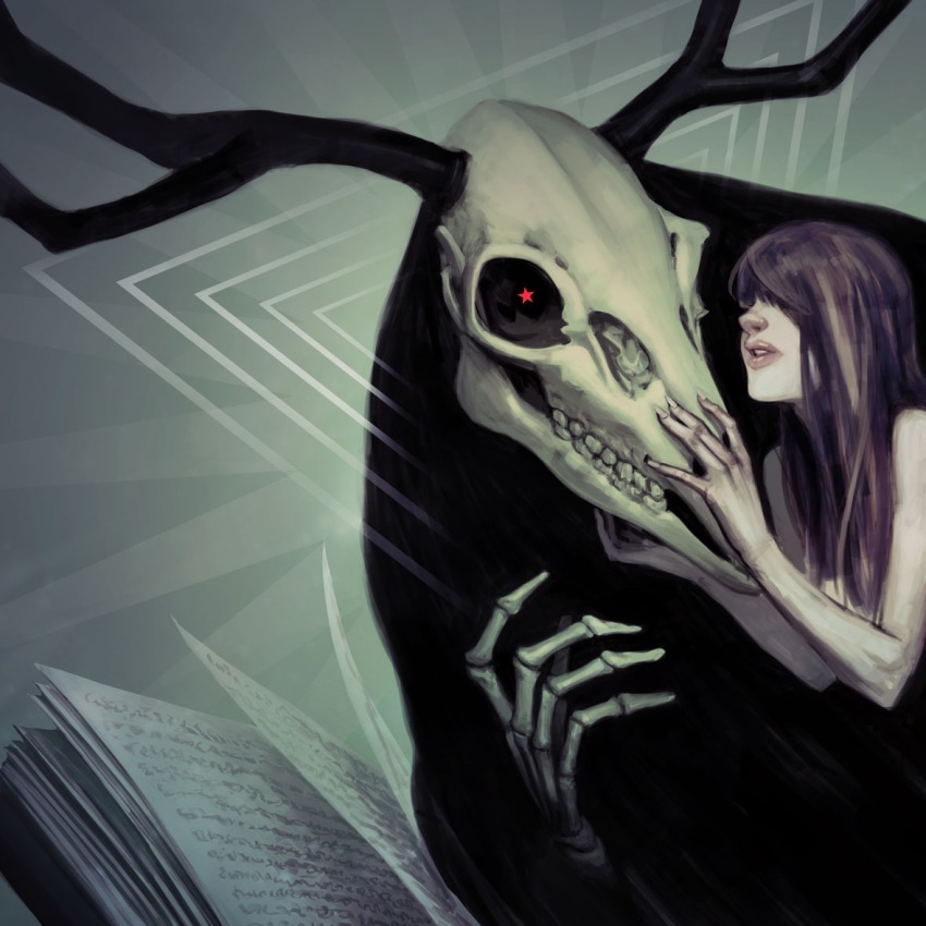 1girl, book, gogolithic_mass, horns, long_hair, monster, nude, portrait