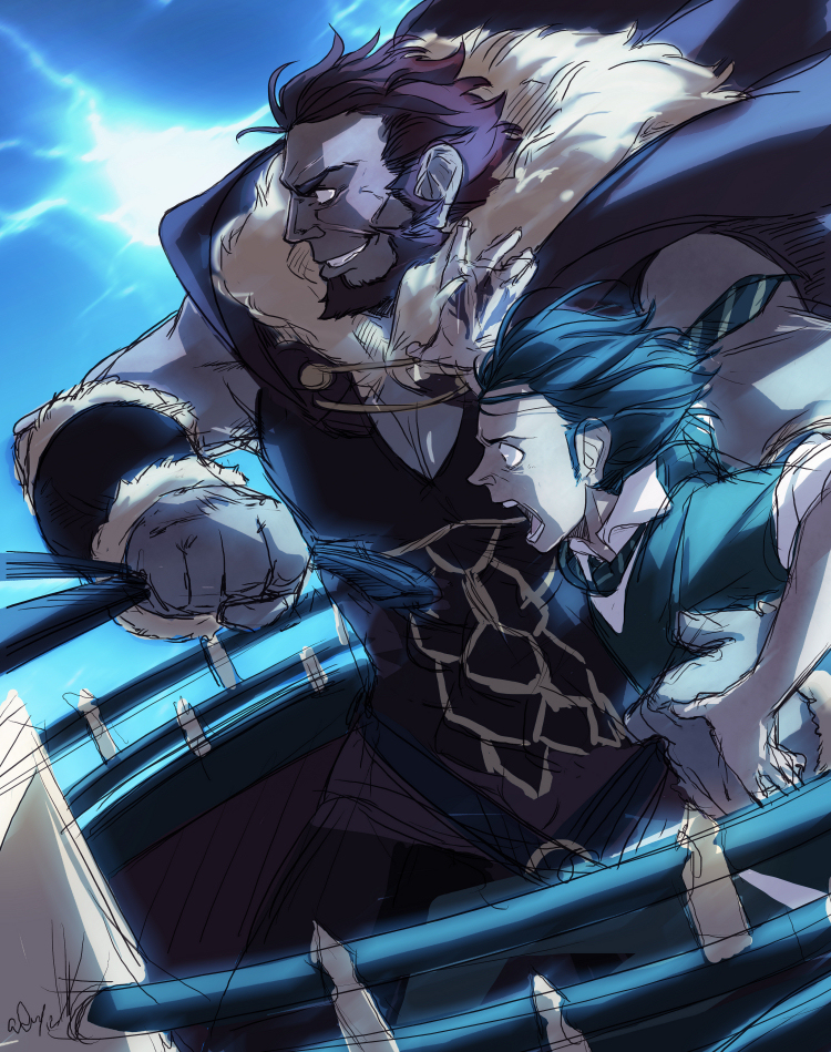 2boys, armor, beard, blue_hair, blue_theme, bob_cut, cape, chariot