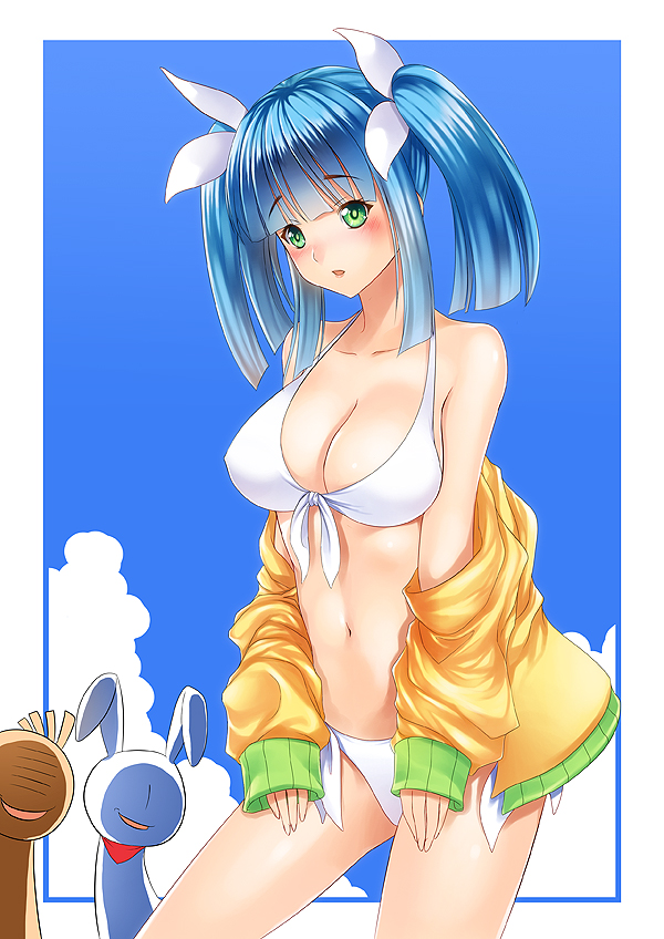 1girl, bikini, blue_hair, green_eyes, jacket, long_hair, mesousa, navel