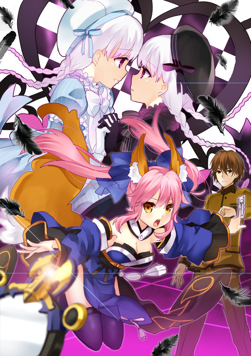 10s, 1boy, 3girls, alice_(fate), animal_ears, bare_shoulders, bow, braid