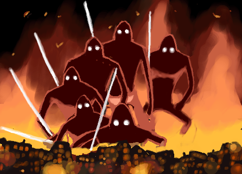 1980s_(style), 6+others, choo_choo_train, energy_spear, fire, glowing, glowing_eyes, glowing_weapon, kaze_no_tani_no_nausicaa, kyoshinhei, lowres, multiple_others, no_humans, oekaki, oldschool, outdoors, parody, polearm, retro_artstyle, the_seven_days_of_fire, twinpoo, weapon, white_eyes