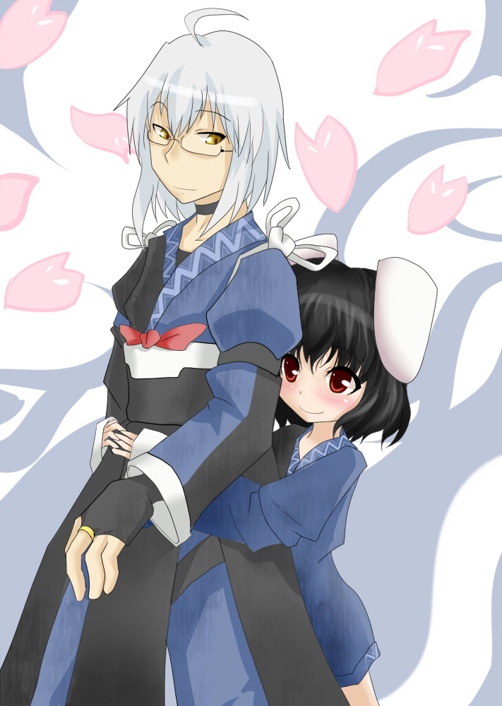 1boy, 1girl, ahoge, animal_ears, black_hair, rabbit_ears, choker, cosplay