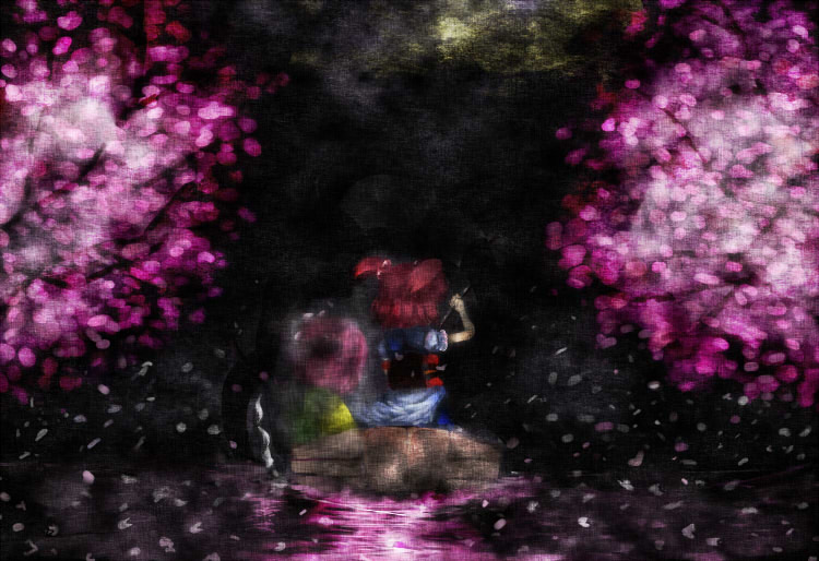 2girls, boat, cherry_blossoms, death, female_focus, ghost, heida_no_akyuu, hieda_no_akyuu