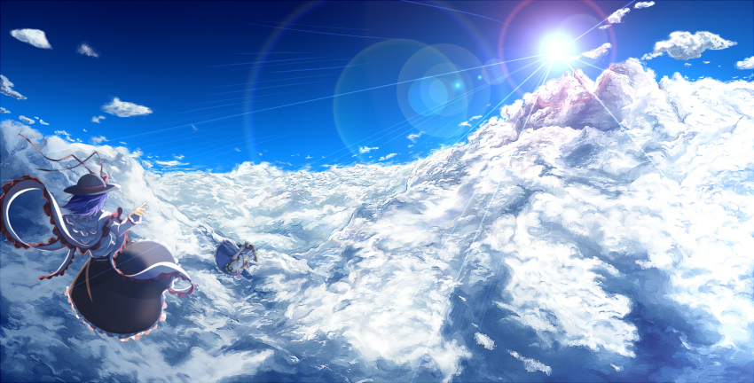 2girls, blue_hair, blue_sky, bow, cloud, dress, female_focus, flying