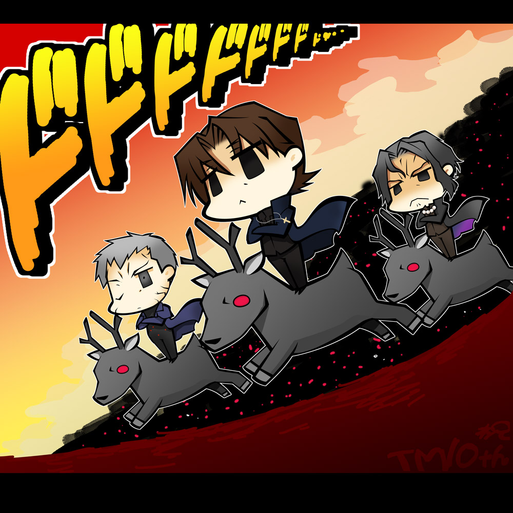 00s, 3boys, araya_souren, black_hair, brown_hair, chibi, cross, fate/stay_night