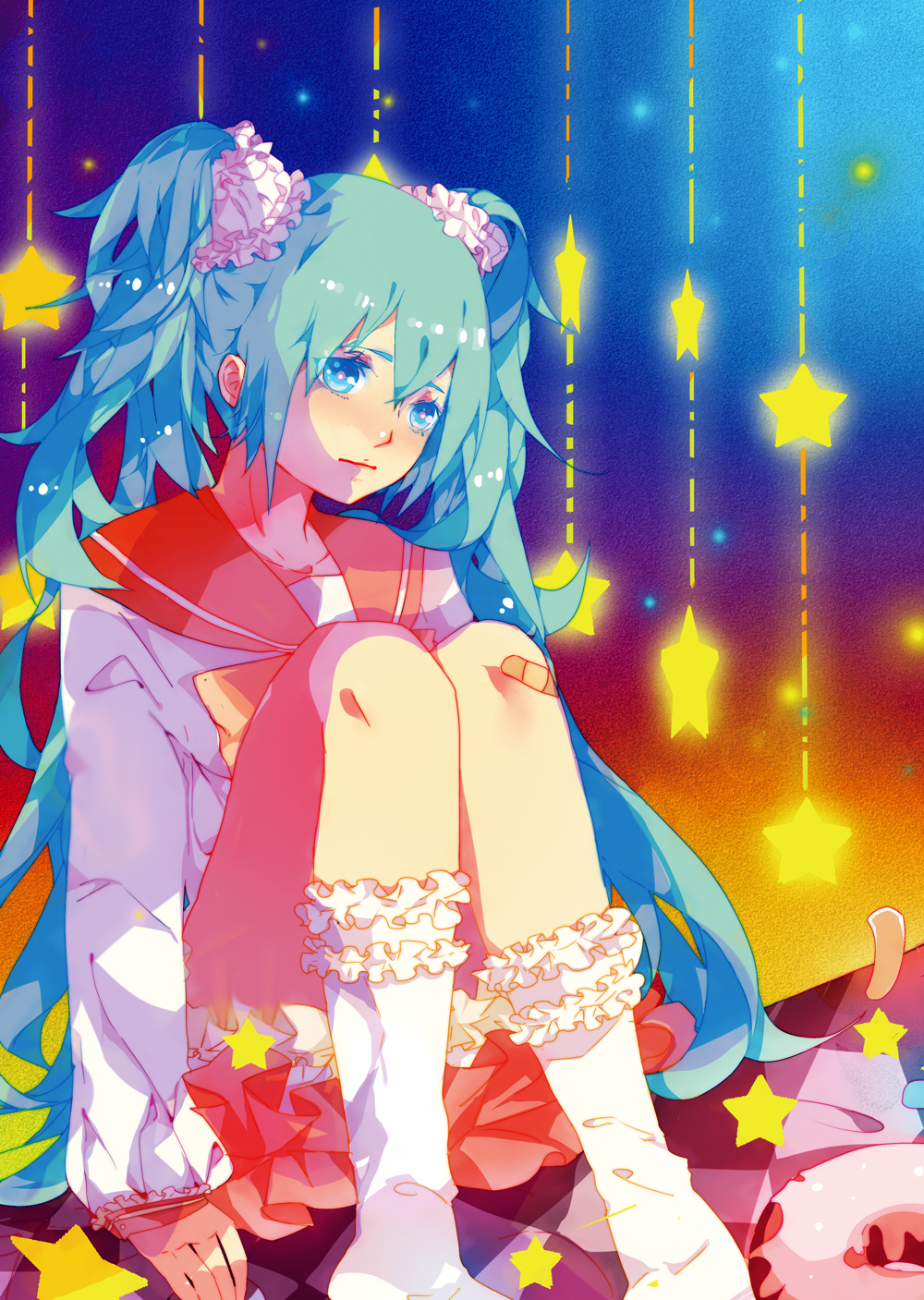 1girl, aqua_eyes, aqua_hair, bandaid, female_focus, frills, hatsune_miku, hatsune_miku_(lollipop)