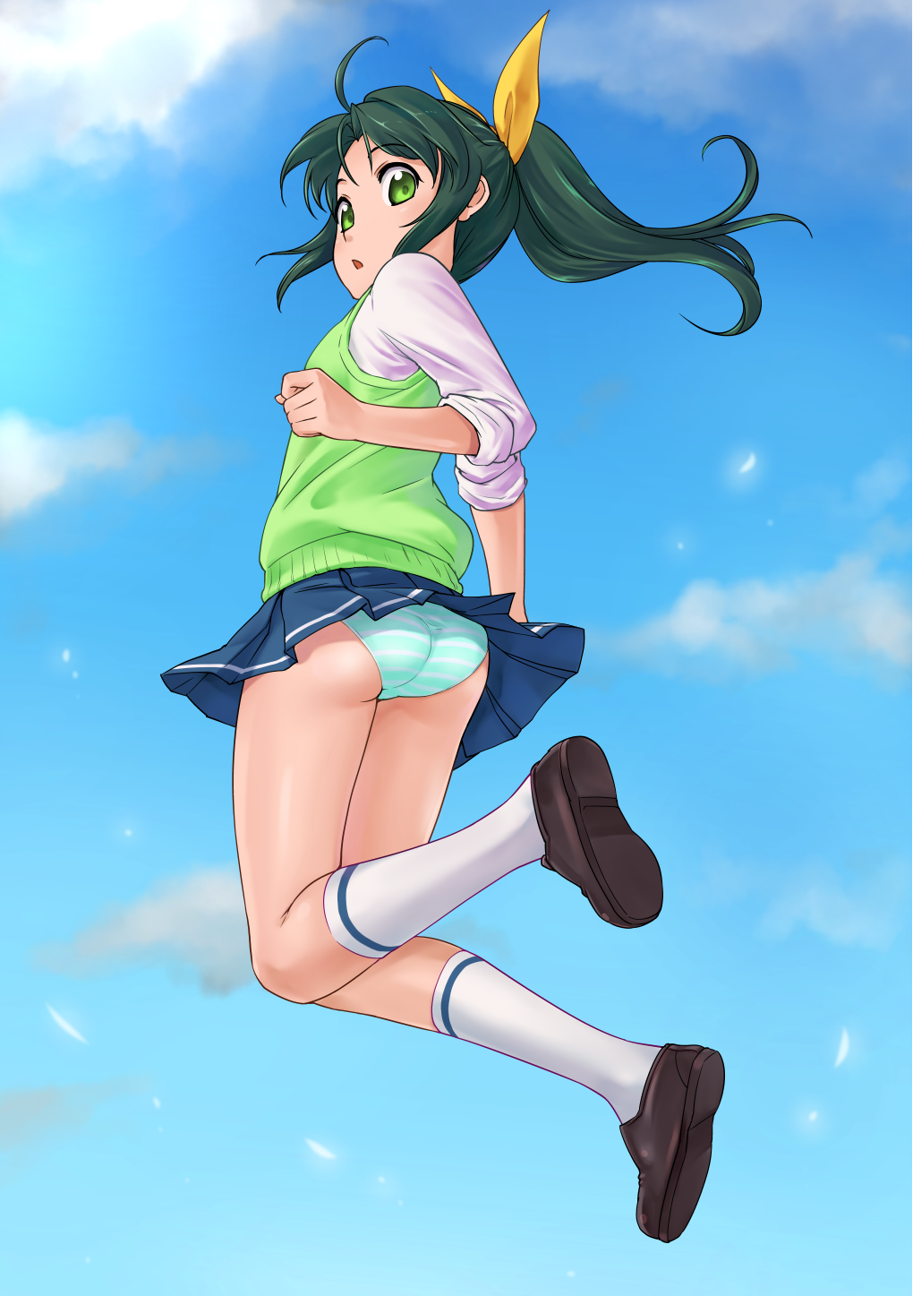 10s, 1girl, ass, female_focus, green_eyes, green_hair, green_sweater_vest, hair_ribbon