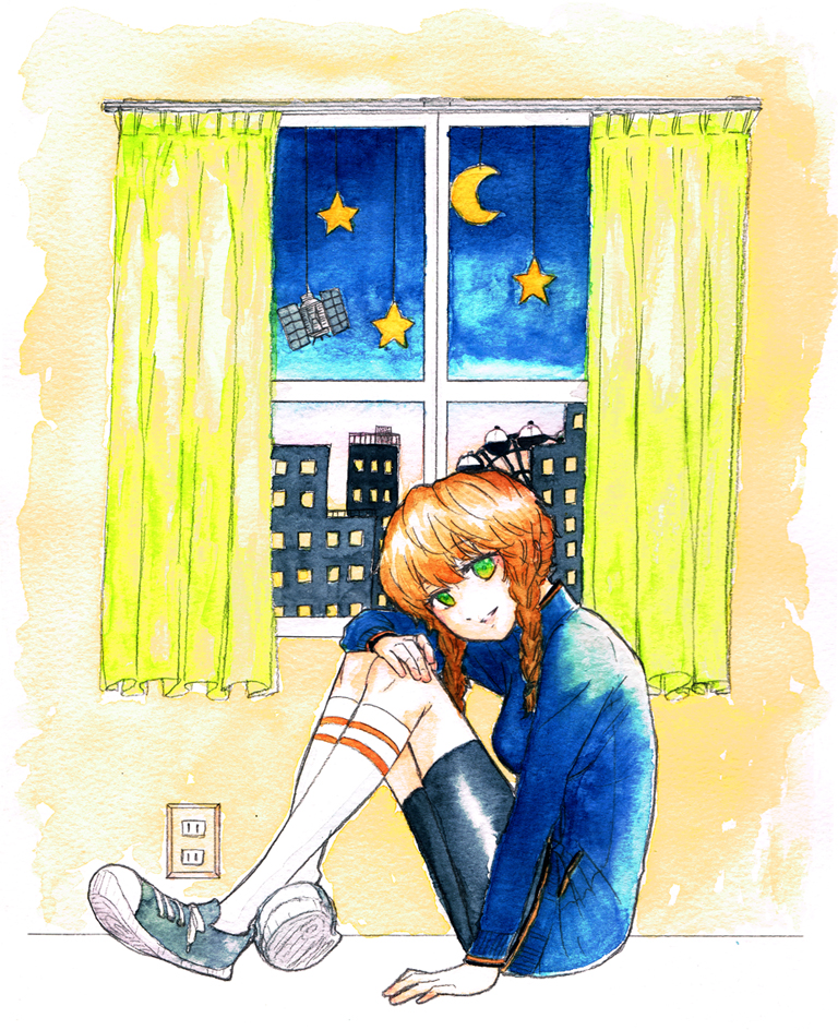 1girl, amane_suzuha, arm_support, bike_shorts, braid, brown_hair, building, crescent_moon