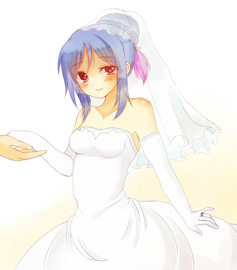 1girl, bare_shoulders, blue_hair, blush, breasts, dress, elbow_gloves, gloves